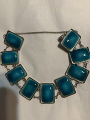 Vintage Teal Blue Stones Silver Tone Chain Bracelet With Safety Chain 7 Inches