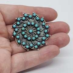 Rare HUBERT JOHNSON Zuni Turquoise Pinwheel Petit Point PENDANT BROOCH 1960s
