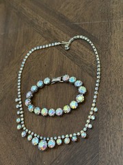 Vintage Weiss Clear Aurora Borealis Rhinestone Bracelet & Necklace Set Nice!