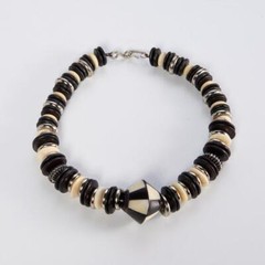 Horn & Bone Disk Beaded Sculptural Geometric Statement Choker Necklace, 16.5″