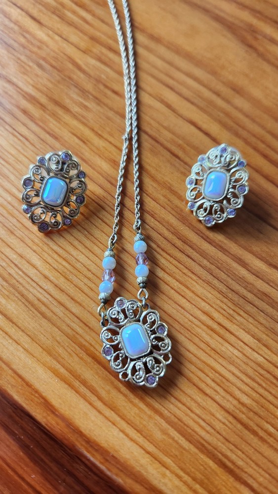1928 Vintage 3-Piece Earring, Necklace Set Gold Tone with Crystal Rhinestone