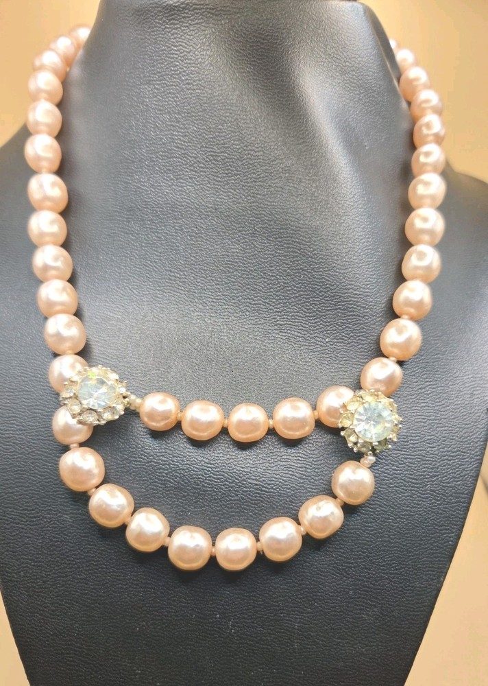 VintageJudith McCann Signed Shuvon Glass Pearl Necklace Dual-Hook Clasp 20″ 0176