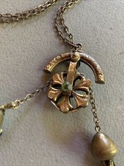 RARE Antique Brass CZECH Unique Necklace Tassel Stone Chatelaine Pulley Fob