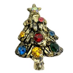 Vintage Rhinestone Gold Tone Christmas Tree Brooch with Matching Earrings