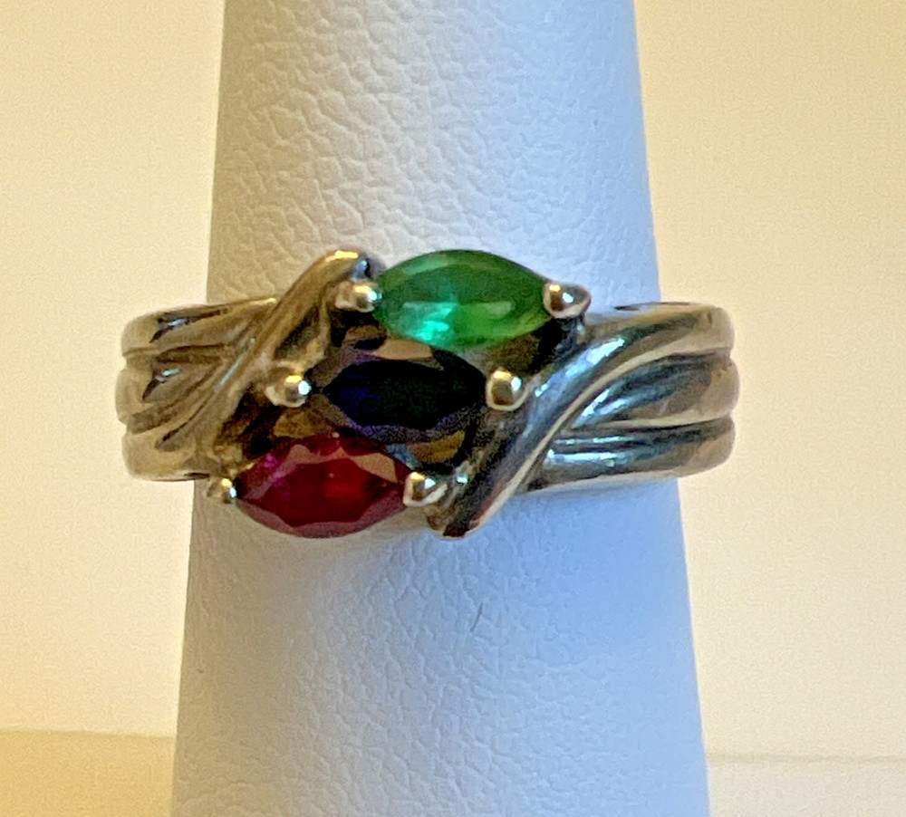 Vintage Sterling Silver Emerald Greem Ruby Red Sapphire Blue CZ Ring Size 5.50