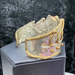 Vintage Brutalist Cuff Bracelet Mixed Metals Polished Stone 6.5”