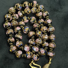Vintage Knotted Wedding Cake Glass Bead Necklace Pink Black Gold Sparkle 23 Inch