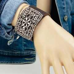 Antique Cut Steel Artisan Redesigned Shoe Buckle Clip On Thick Leather Bracelet