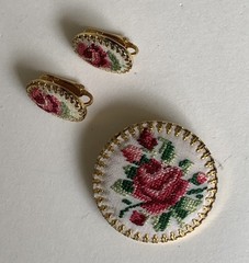 VINTAGE ROSE EMBROIDERED PIN & CLIP EARRINGS RED, PINK, WHITE HAND MADE