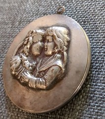Antique Silver Tone Photo Locket Pendant Raised Silverwork Boy Girl Sweethearts