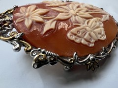 Vintage Cameo Brooch Pin Pendant Butterfly Floral 18K Gold Over Sterling Silver
