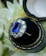 Antique Art Deco Blue Sapphire & Lab Created Diamond Engagement 925 Silver Ring