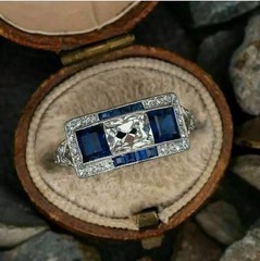 Vintage Style Lab Created Sapphire Diamond Art Deco Engagement 14K Gold FN Ring