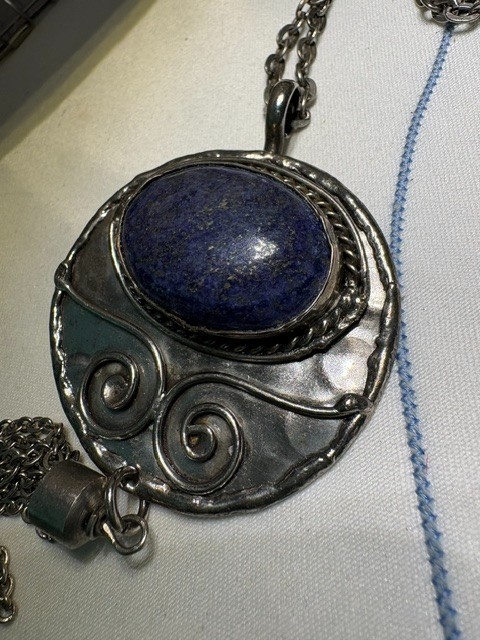 Vintage 30” Silver Tone Necklace – Lapis Lazuli Amulet Pendant with Tassel
