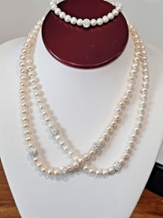 Vintage Sterling Silver Cultured Pearl Crystal Rondelle Necklaces Bonus Bracelet