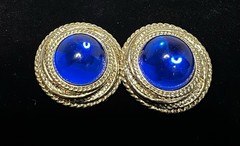 Vintage Blue Cabochon Oversized Chunky Textured Gold Tone Clip On Earrings 80s