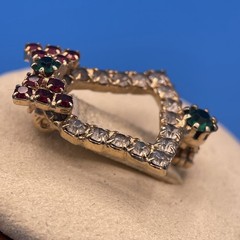 Vintage VTG Christmas Bell Brooch Pin Red Green Clear Rhinestones Gold Tone 24mm