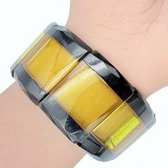 Antique Art Deco Black & Yellow Bakelite Prystal Stretch Bracelet Bow Brooch Set