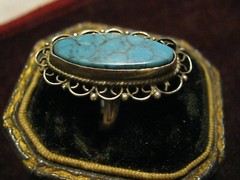 Early Eagle Mark STERLING w/ 21mm OVAL TURQUOISE Wire & Dots Ring. Size 4 LQQK!