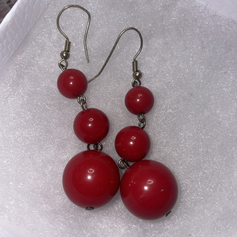 Vintage 70s Red Beaded Dangle Drop Pierced Hook Earrings