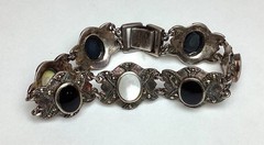 Vintage .925 Sterling Silver, Markasite & Onyx Mother of Pearl Bracelet