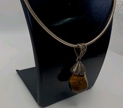 Vintage Milor Italy Necklace Sterling Silver With Tigers Eye Pendant 16.5”