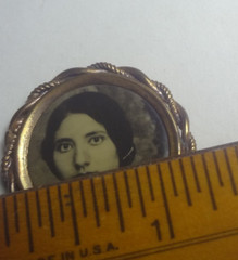 c1890’s ANTIQUE MOURNING PIN with CLASSIC CELLULOID PHOTO in ORNATE BRASS & GOLD