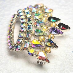 Signed Crown Brooch Pin Silver Tone AB Multicolor Rhinestones Faux Pearls