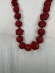 Vintage Chinese Cinnabar Carved Red Bead Necklace & Earrings Set