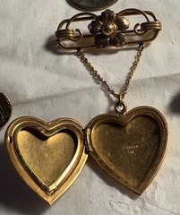 Lot Of 3: Victorian Locket, Clover, Etc. Brooches One Marked 1/20 12k GF