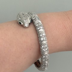 Snake Serpent Bracelet Clear CZ Green Eyed Silver Tone Sparkly Hinged Bangle