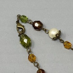 Glass Bead Bracelet Antique Gold Tone Green Yellow Brown Faux Pearl Acrylic 7.25