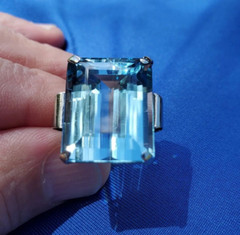 Original LONDON blue Topaz Deco Engagement Ring Vintage Statement 14K WHITE GOLD