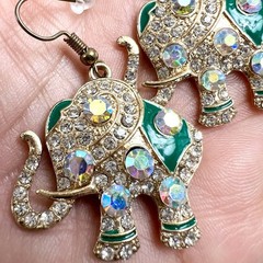AB Beaded Elephant Earrings Boho Green Enamel Rhinestone Lucky Dangle Gold Tone