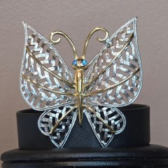 Vintage Avon Butterfly Brooch Silver Gold Tone Filigree Blue crystal Rhinestones