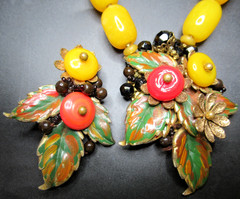 MIRIAM HASKELL RARE Enamel Leaves Glass Bead Necklace Brooch Set BOOK PIECE!