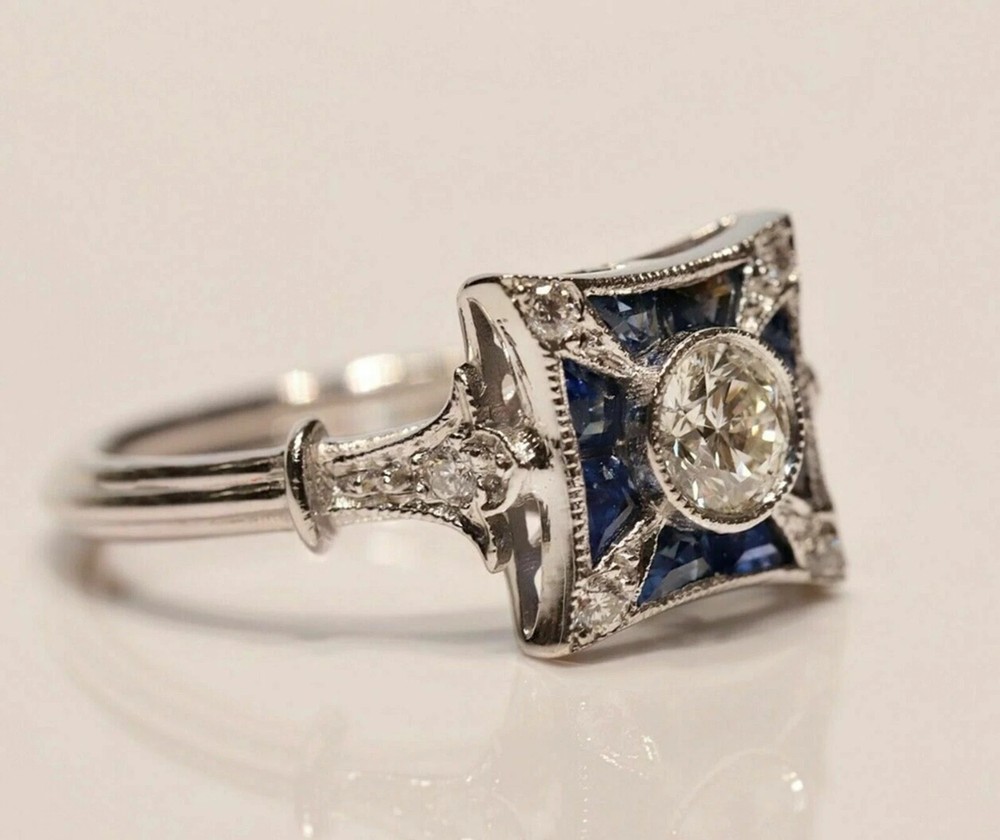Old European & Sapphire Lab Created Diamond Art Deco Engagement 14K Gold FN Ring