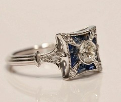 Old European & Sapphire Lab Created Diamond Art Deco Engagement 14K Gold FN Ring