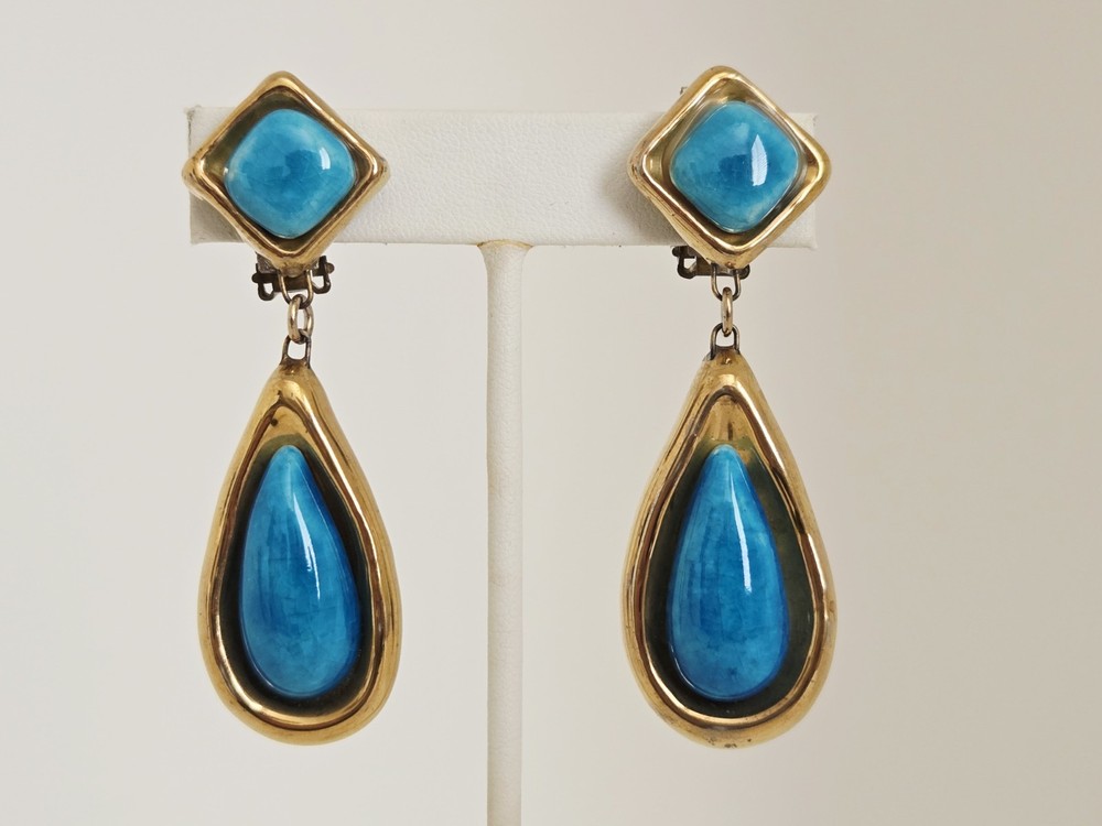 Vintage Artisan Gold Plated with Blue Ceramic Pottery Teardrop Clip On Earrings