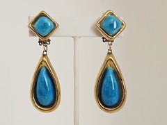 Vintage Artisan Gold Plated with Blue Ceramic Pottery Teardrop Clip On Earrings