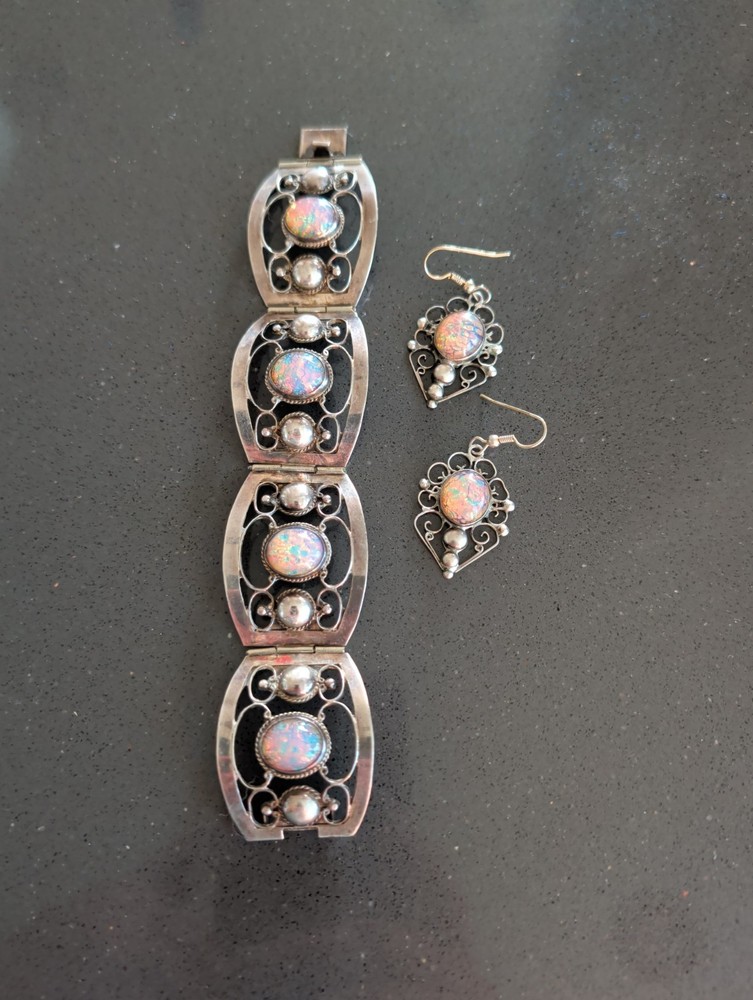 Sterling Pink Dragons Breath Fire Opal Foil Glass Taxco Mexico Bracelet Earrings