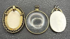 Vintage Lot Of 3 Pendants Gold Tone Floral Cameo Portrait Scene Magnifying Glass