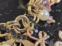 VINTAGE BETSEY JOHNSON PINK CORSET ENAMEL FINISH DANGLING CHARMS FAUX PEARLS…