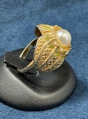 Vintage Cocktail Dome Ring Adjustable Pearls Green Rhinestones Gold Tone Size 7
