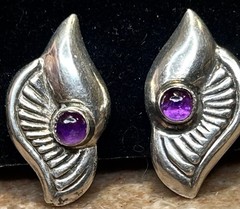 Vntg Modernist Sterling Silver And Amethyst Screw Back Earrings Mexico 6 Grams