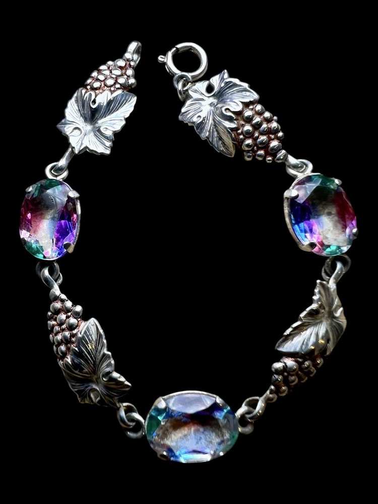 Vintage 835 Silver Rheinkiesel Iris Glass Bracelet Grape Leaf Rainbow Stones