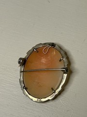 Mid-Century 800 Silver & Marcasite Shell Cameo Parure: Matching Brooch Earrings