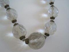 Round Faceted Clear Beads & Brass Flower Choker Necklace 1940s 16″ GUC