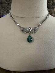 Vintage Schoffel 16″ Rhinestone & Faux Cabochon Emerald Green Necklace 1930s