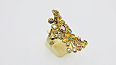Multi color stones Peacock Gold Ring Vintage Brass Free Size Amulet charm Rare